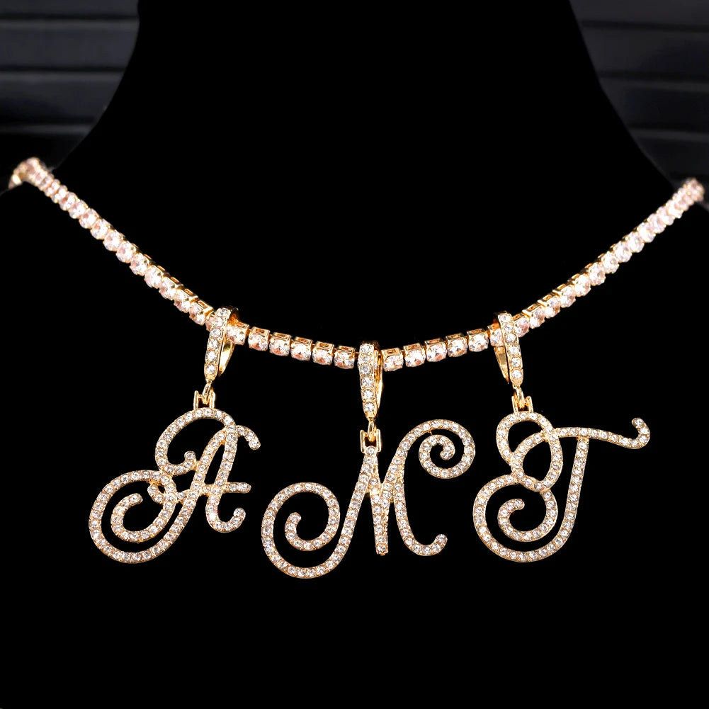 Cursive Letter Name Necklace – CZ Alphabet Pendant Hip Hop Jewelry