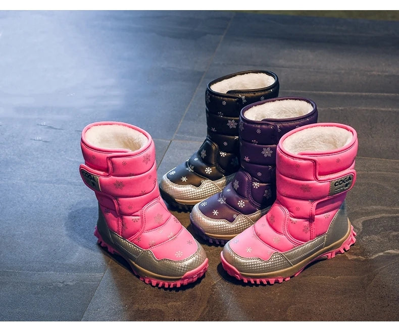 Winter Kids Snow Boots – Warm Plush Pink Ankle Shoes for Girls Boys, Non-Slip Outdoor Footwear