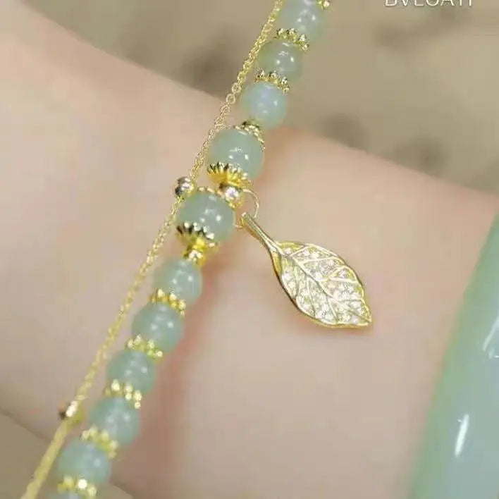 Chinese Style Green Jade Double Chain Bracelet – Gold Leaf W  rist Bangle for Women