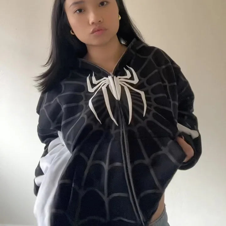 Gothic Red Spider Zip Up Hoodie Jacket Y2K Streetwear Unisex Sweatshirt