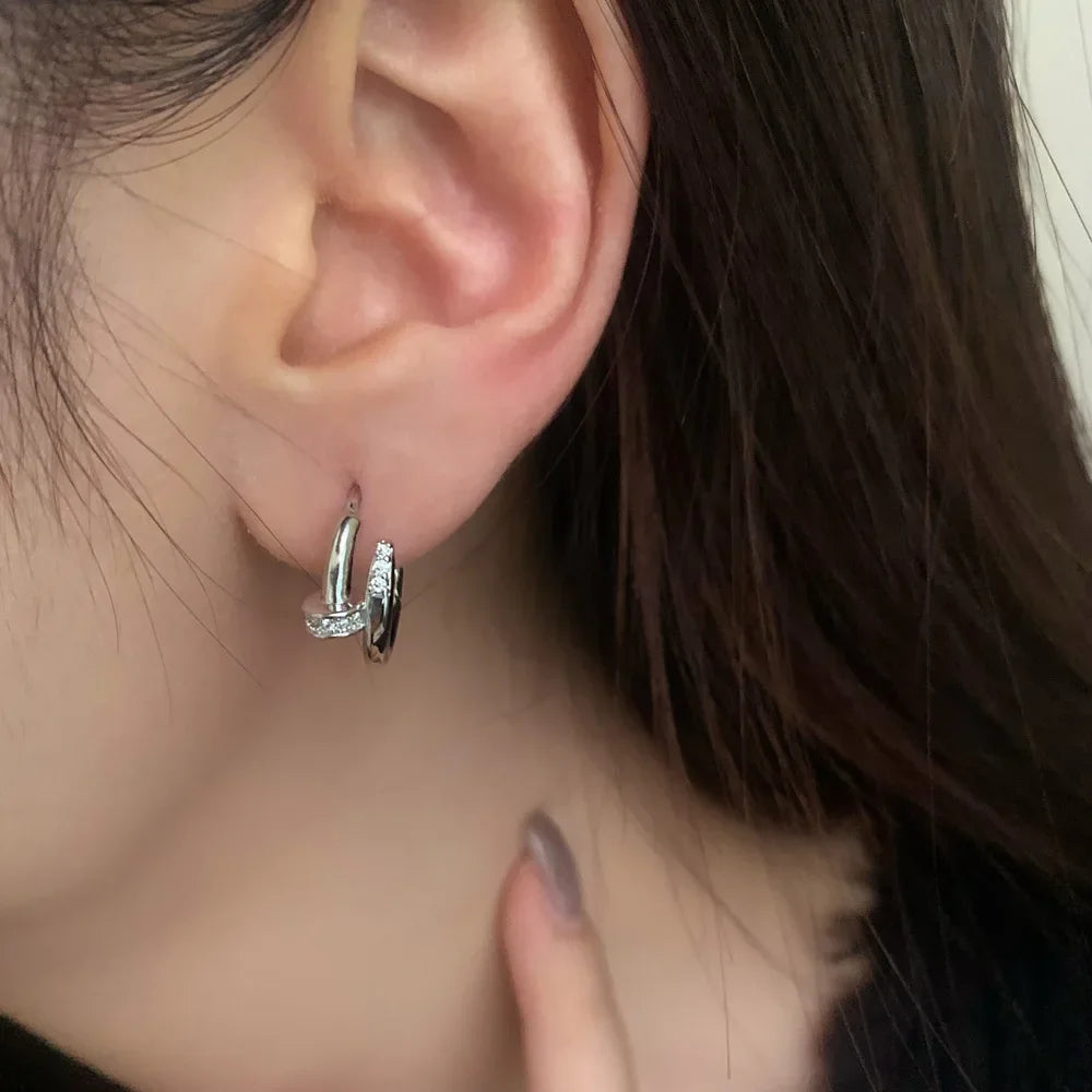 925 Sterling Silver Zircon Nail Hoop Earrings – Minimalist Trendy Jewelry for Women