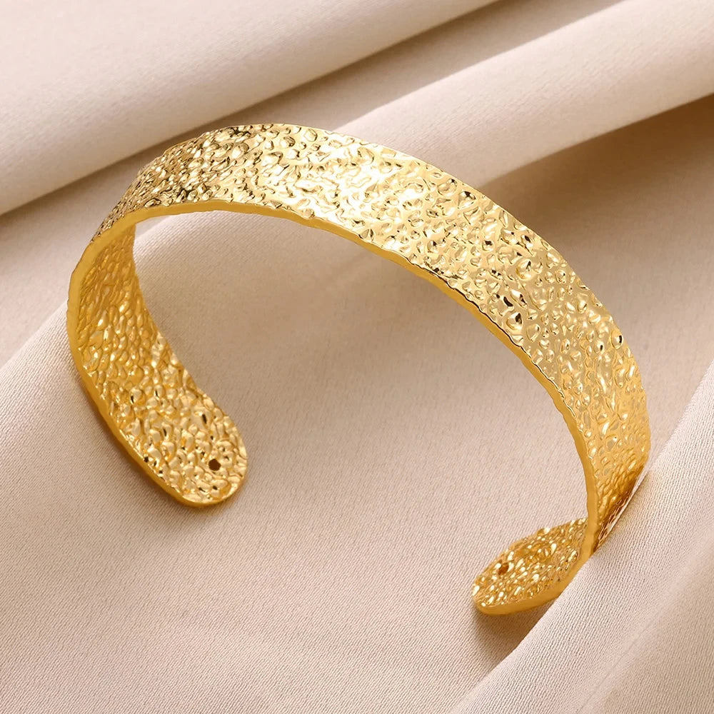 Gold Stainless Steel Cuff Bangle – Classic Bump Pattern Bracelet for Women