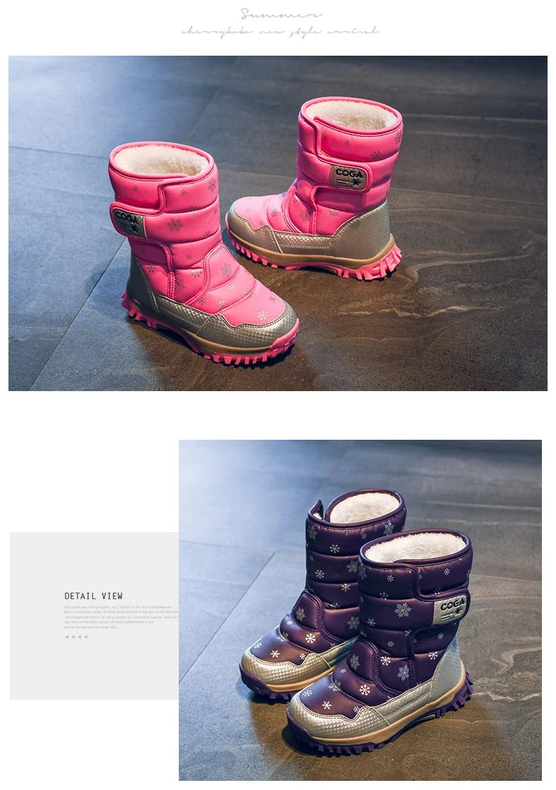 Winter Kids Snow Boots – Warm Plush Pink Ankle Shoes for Girls Boys, Non-Slip Outdoor Footwear