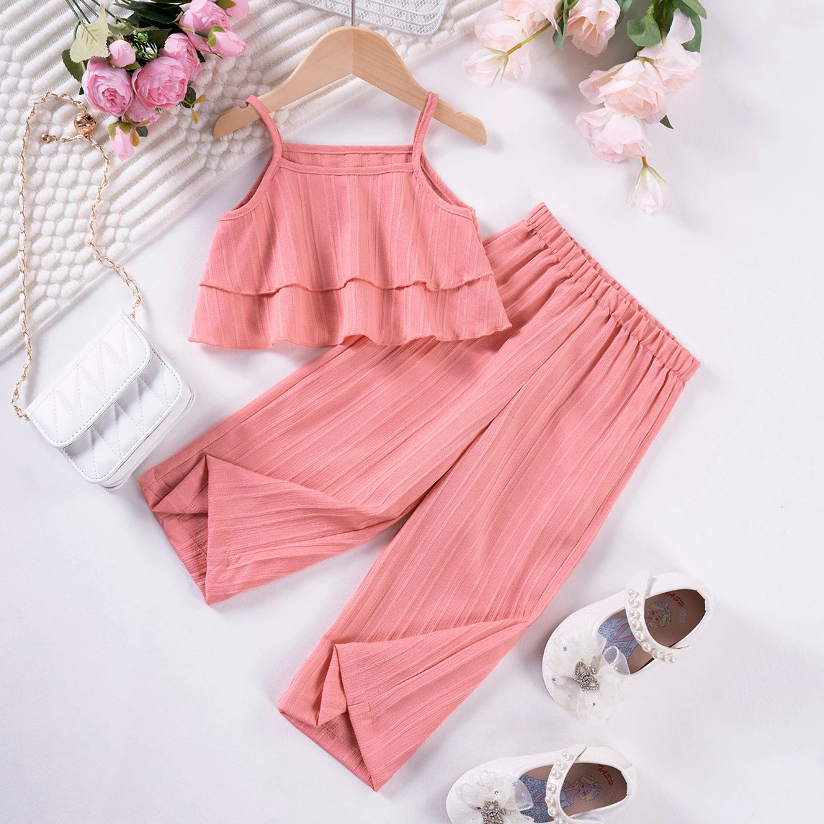 Girls Solid Color Suspenders Dress Set – Ruffles Top & Wide Leg Pants, Elegant Summer Outfit