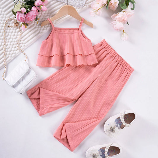 Girls Solid Color Suspenders Dress Set – Ruffles Top & Wide Leg Pants, Elegant Summer Outfit