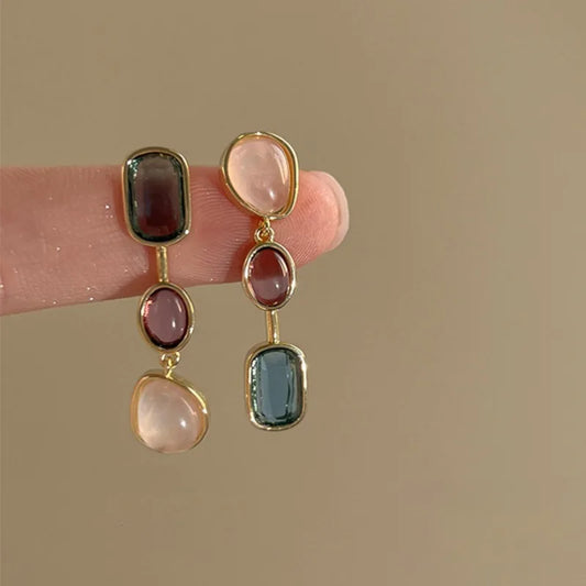Asymmetric Colorful Resin Dangle Earrings – Retro Geometric Women’s Jewelry