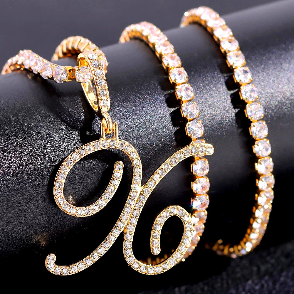 Cursive Letter Name Necklace – CZ Alphabet Pendant Hip Hop Jewelry