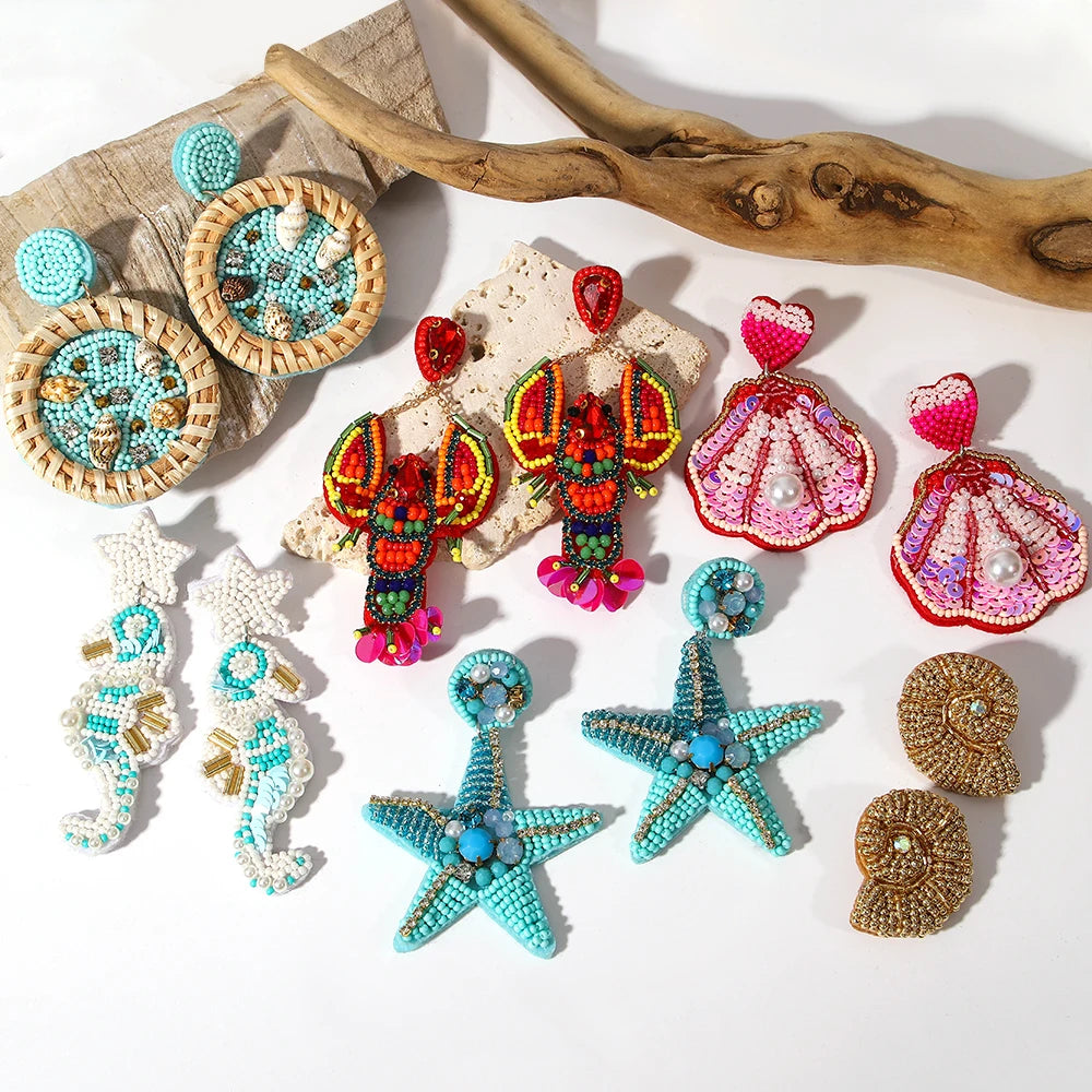 Bohemian Starfish Lobster Conch Earrings – Handmade Summer Beach Jewelry