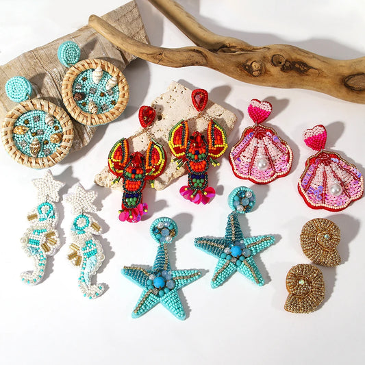 Bohemian Starfish Lobster Conch Earrings – Handmade Summer Beach Jewelry
