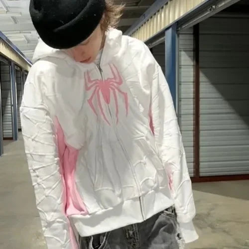 Y2K Gothic Red Spider Print Hoodie – Retro Full Zip Up Loose Hip Hop Streetwear Jacket for Men & Women.