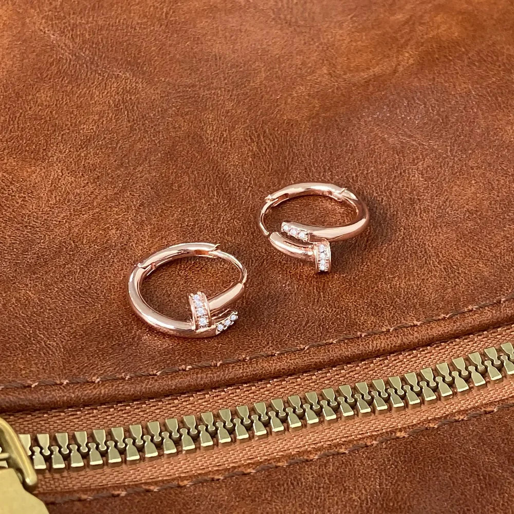 925 Sterling Silver Zircon Nail Hoop Earrings – Minimalist Trendy Jewelry for Women