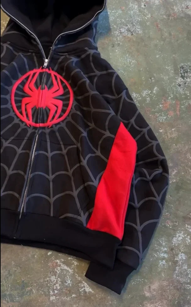Y2K American Spider Embroidered Zip-Up Hoodie – Gothic Harajuku Casual Sweatshirt for Men & Women