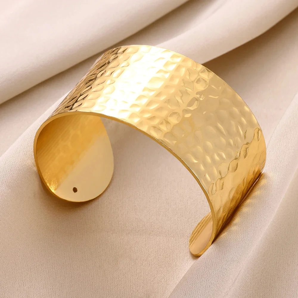 Gold Stainless Steel Cuff Bangle – Classic Bump Pattern Bracelet for Women