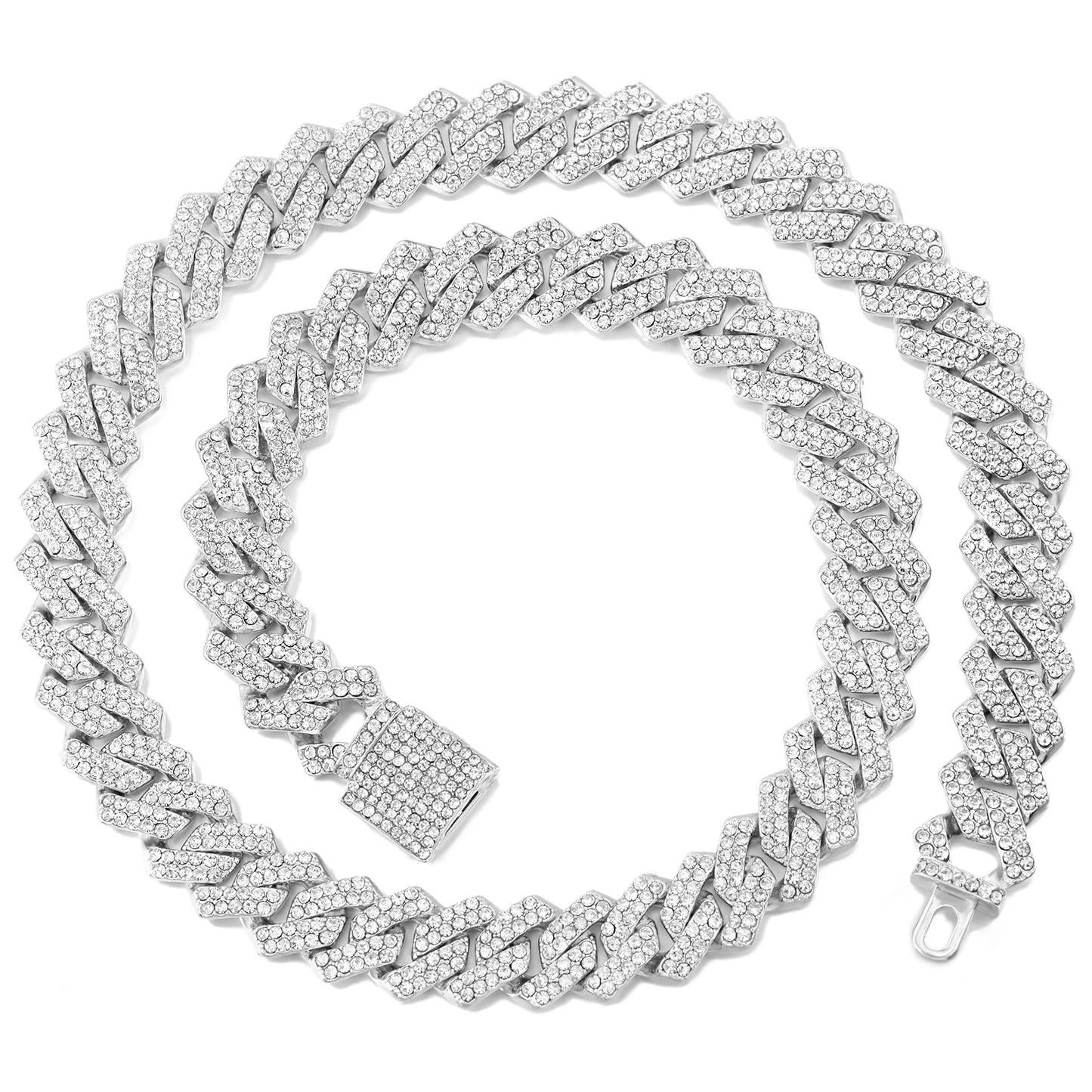 Prong Cuban Link Chain Necklace – 2-Row Iced Out Rhinestone Hip Hop Jewelry for Men & Women