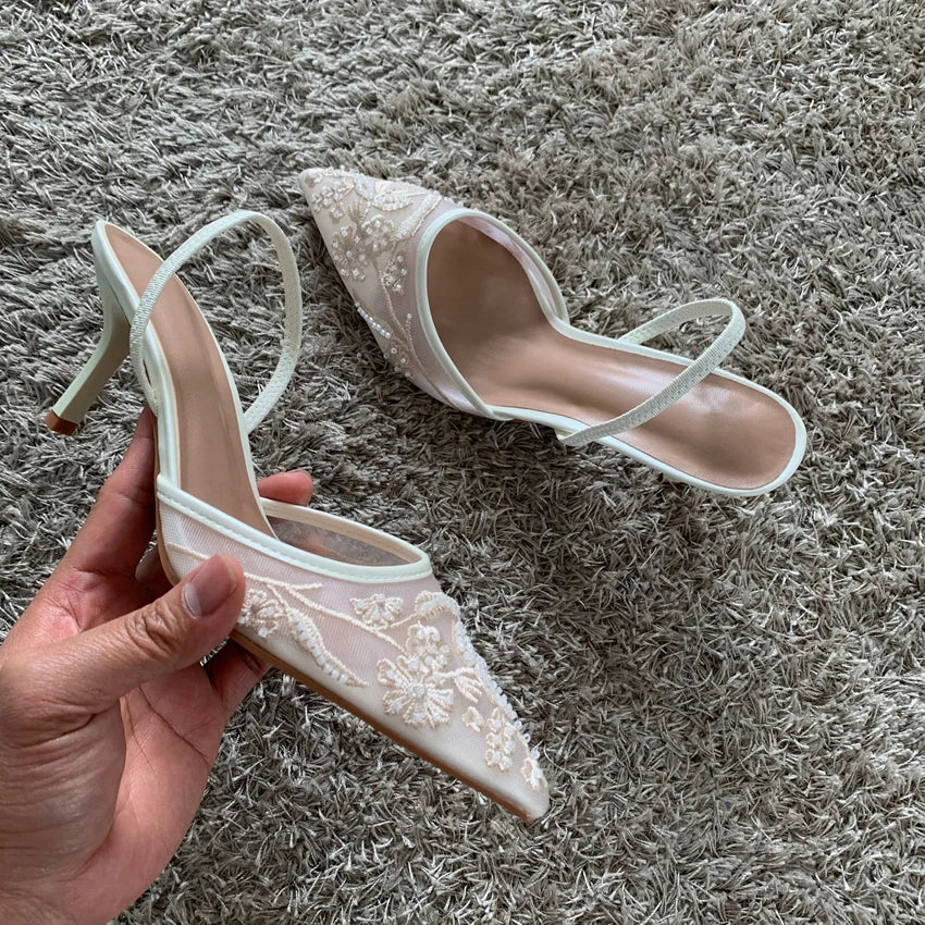 Mesh Embroidered High Heels – Sexy Summer 2025 Slingback Pointed Toe Dress Sandals for Women