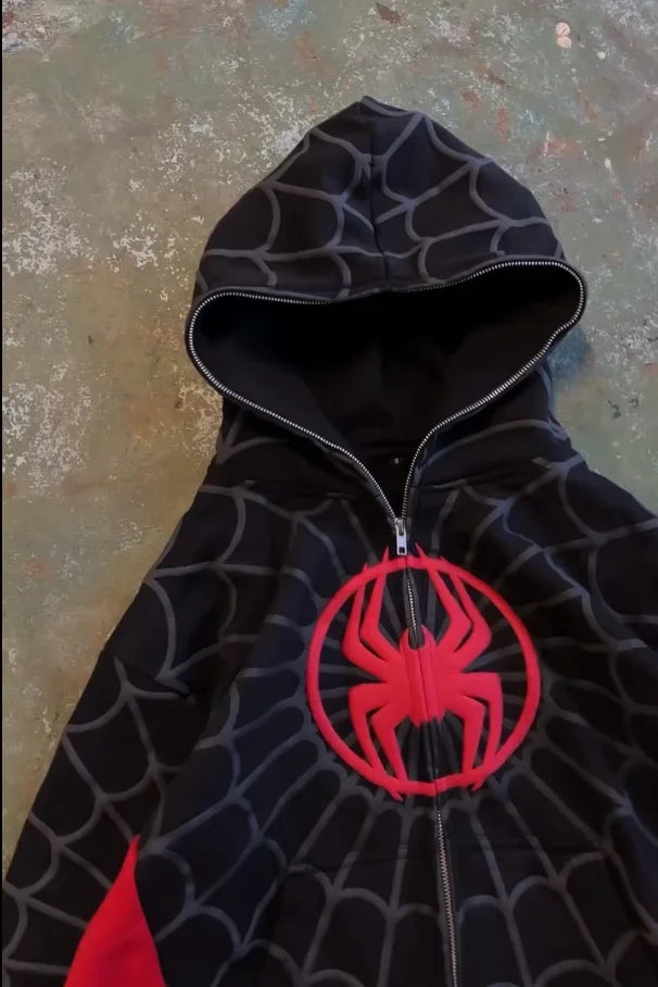 Y2K American Spider Embroidered Zip-Up Hoodie – Gothic Harajuku Casual Sweatshirt for Men & Women