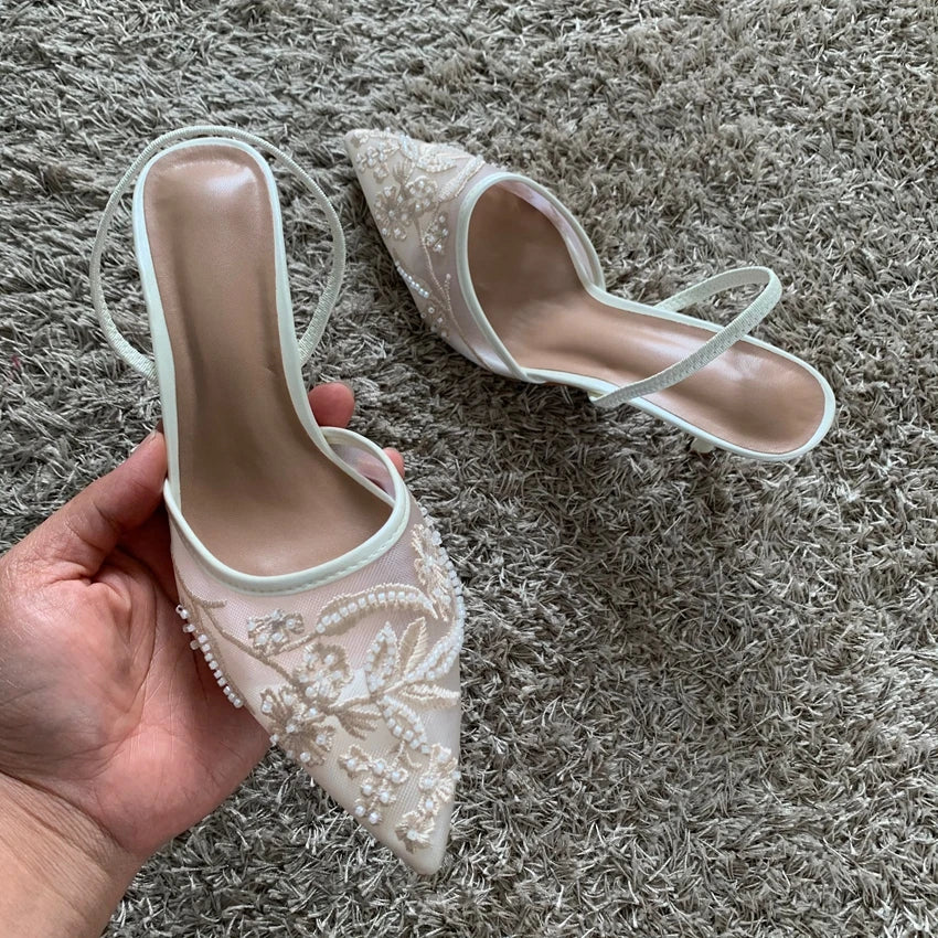 Mesh Embroidered High Heels – Sexy Summer 2025 Slingback Pointed Toe Dress Sandals for Women