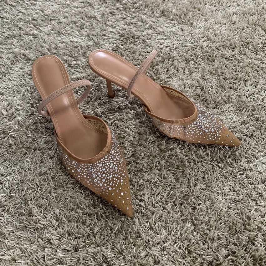 Rhinestone Mesh High Heels – Elegant Summer Slingback Pointed Toe Party Pumps for Women