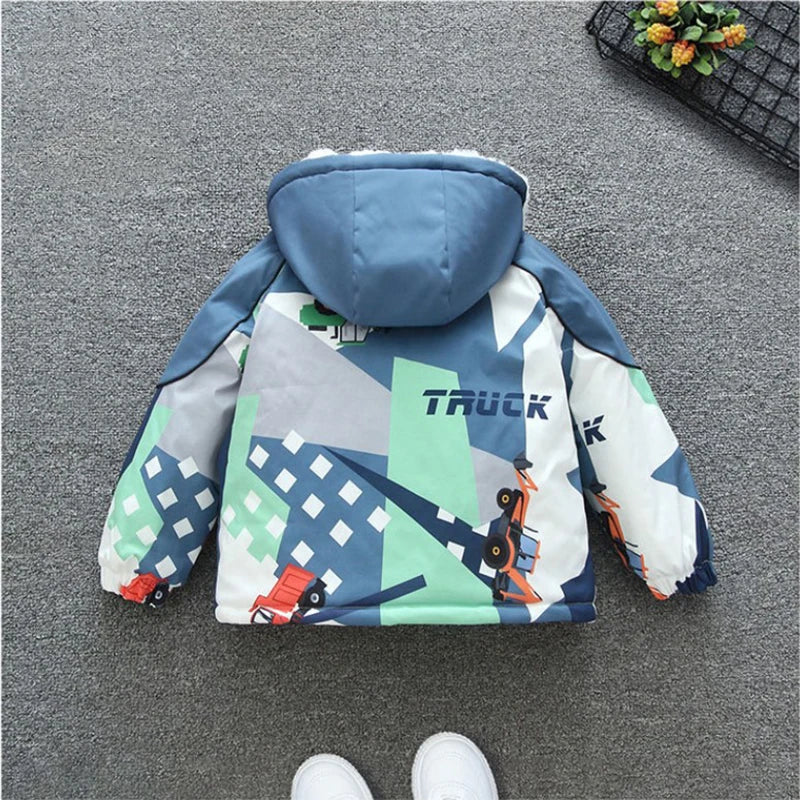 2025 Boys Cotton Coat – Kids Cartoon Car Print Hooded Warm Winter Parka Outerwear