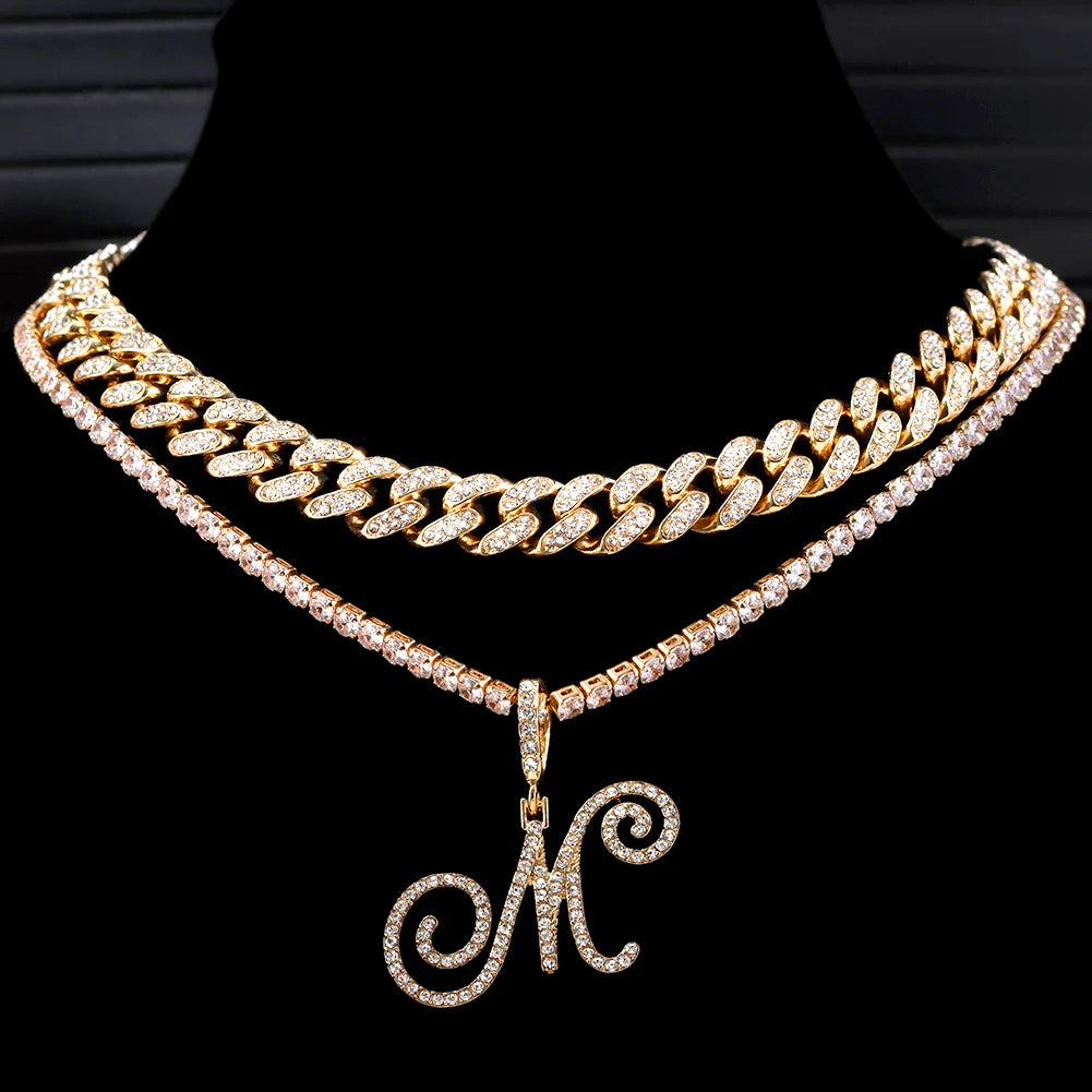 Cursive Letter Name Necklace – CZ Alphabet Pendant Hip Hop Jewelry