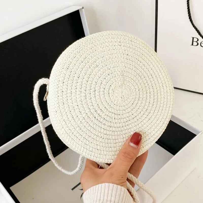 Round Straw Woven Beach Crossbody Bag – Cute Rattan Shoulder Handbag for Women