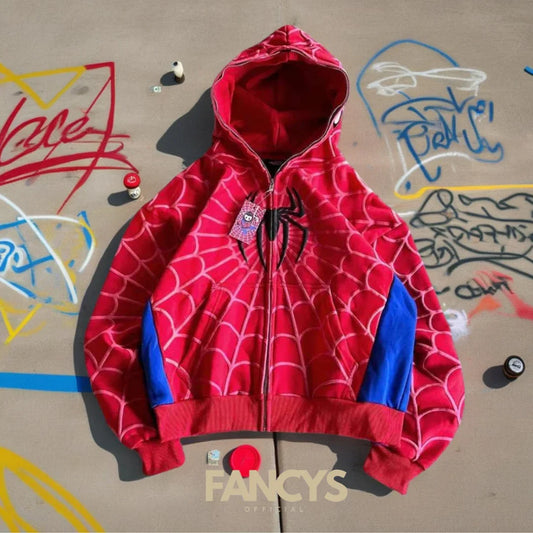 Y2K Red Spider Web Hoodie – Foam Print Harajuku Punk Grunge Zip-Up Sweatshirt for Women.
