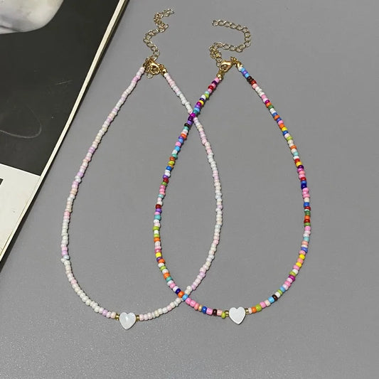 Nature Shell Love Heart Choker Necklace – Colorful Glass Beads Spring Summer Gift for Girls