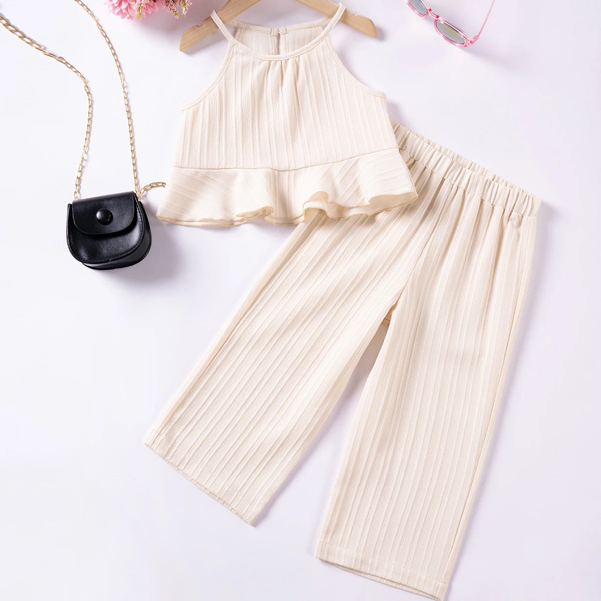 Girls Solid Color Suspenders Dress Set – Ruffles Top & Wide Leg Pants, Elegant Summer Outfit