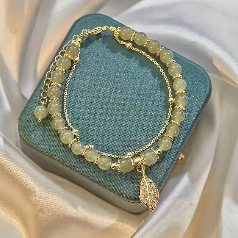 Chinese Style Green Jade Double Chain Bracelet – Gold Leaf W  rist Bangle for Women