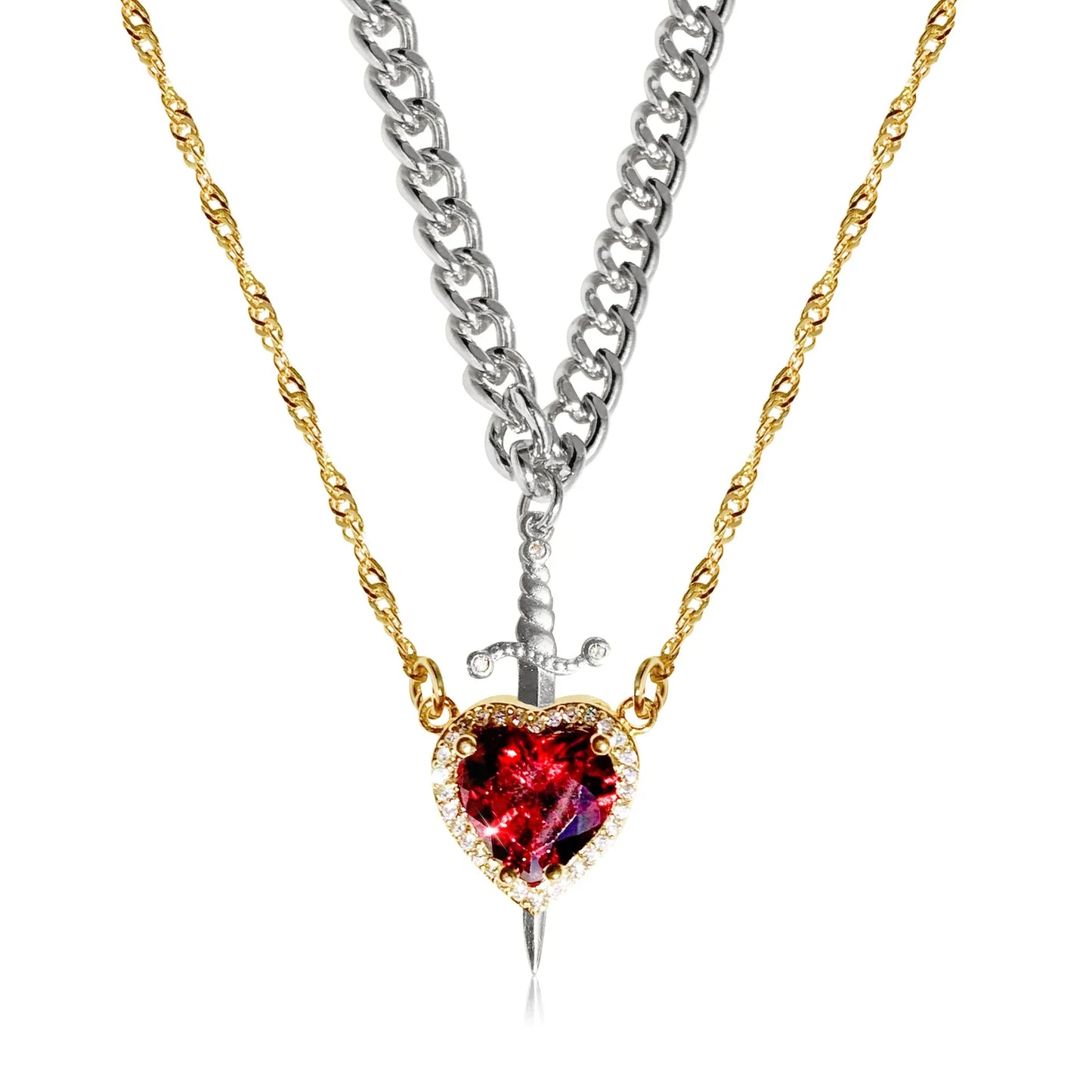Heart & Sword Couple Necklace – 18K Gold Plated Stainless Steel Zircon Jewelry Set