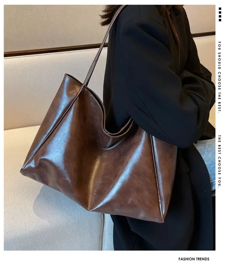 Women’s Retro PU Leather Tote – Large Soft Shoulder/Crossbody Bucket Bag