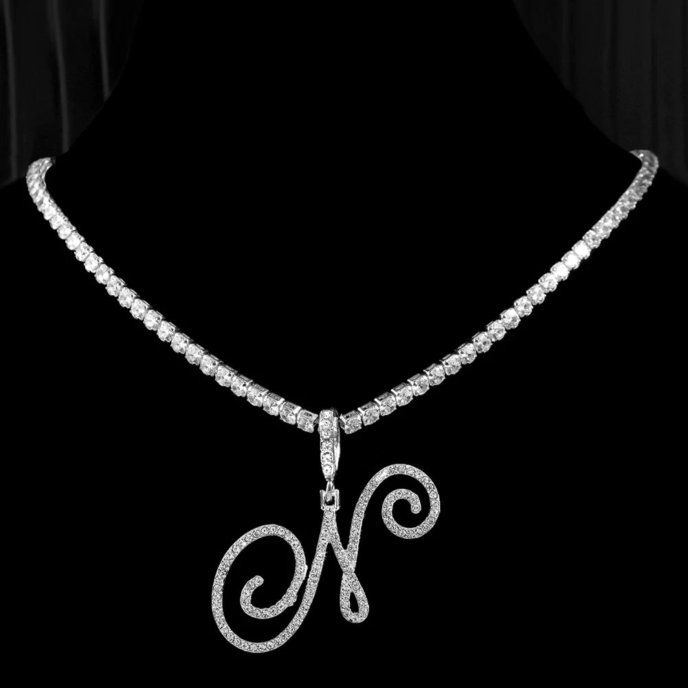 Cursive Letter Name Necklace – CZ Alphabet Pendant Hip Hop Jewelry