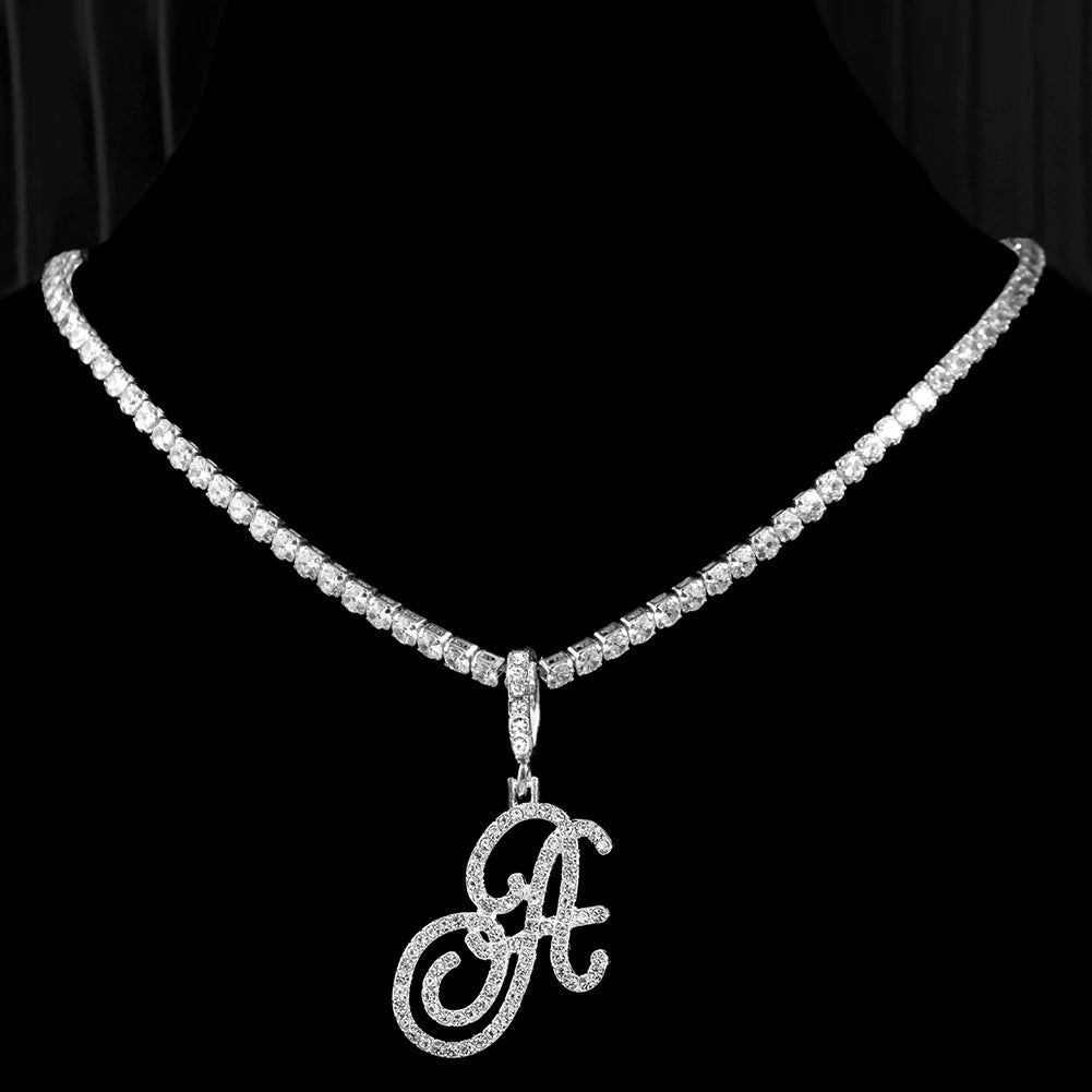 Cursive Letter Name Necklace – CZ Alphabet Pendant Hip Hop Jewelry