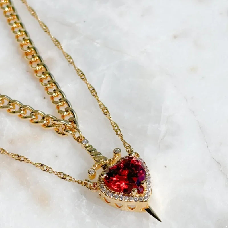 Heart & Sword Couple Necklace – 18K Gold Plated Stainless Steel Zircon Jewelry Set