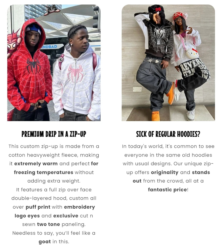 Y2K Red Spider Web Hoodie – Foam Print Harajuku Punk Grunge Zip-Up Sweatshirt for Women.