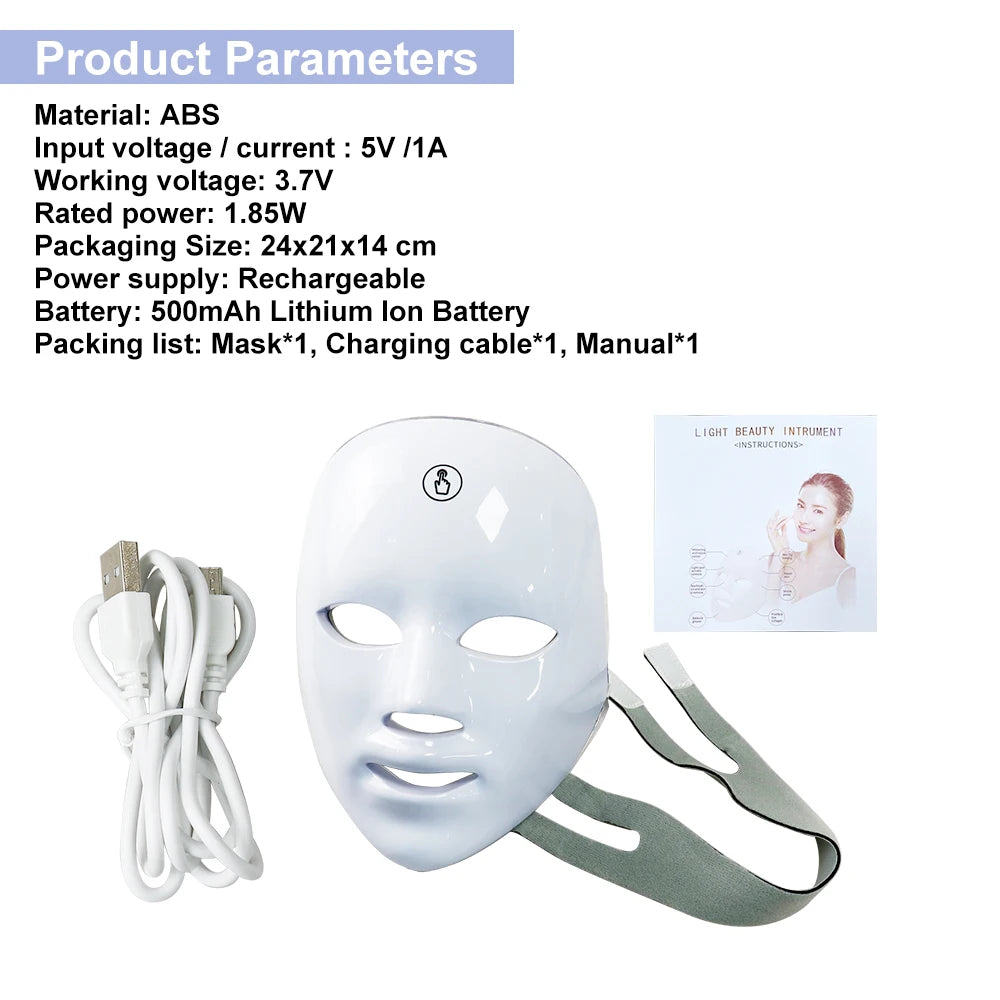 LED 7-Colors Facial Mask – Photodynamic Therapy for Skin Moisture, Rejuvenation, Anti-Acne, Wrinkle Removal & Pore Shrinking – Professional Salon & Home Use