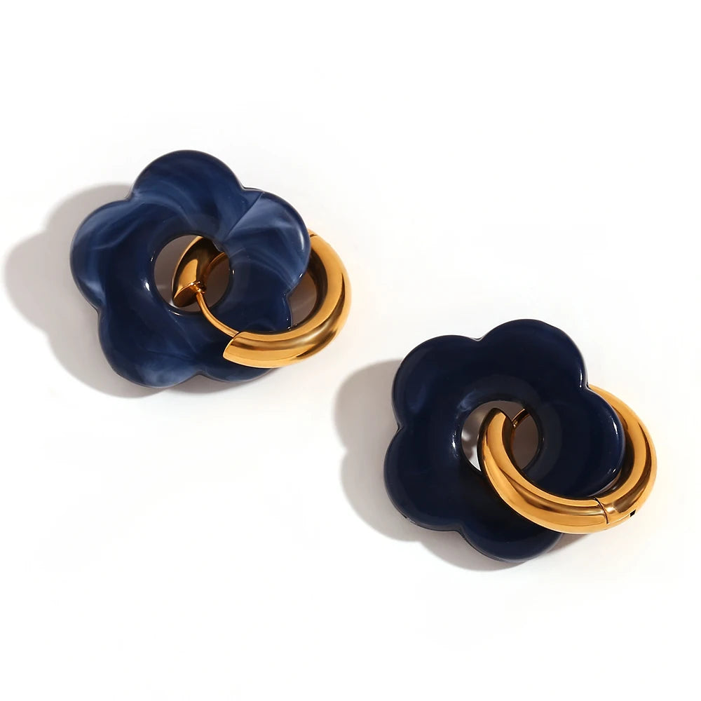 Colorful Resin Flower Hoop Earrings – Waterproof Stainless Steel Women’s Jewelry