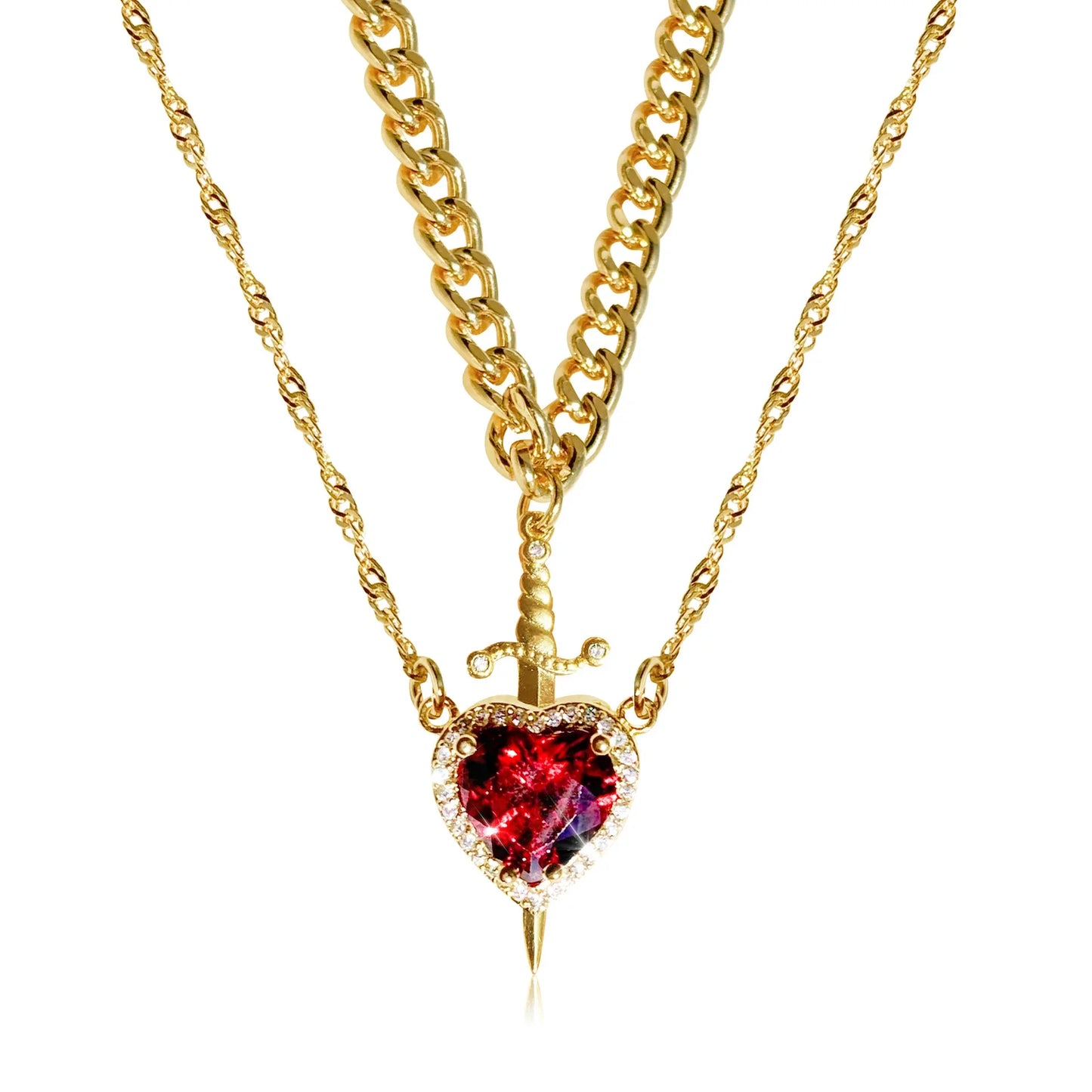 Heart & Sword Couple Necklace – 18K Gold Plated Stainless Steel Zircon Jewelry Set