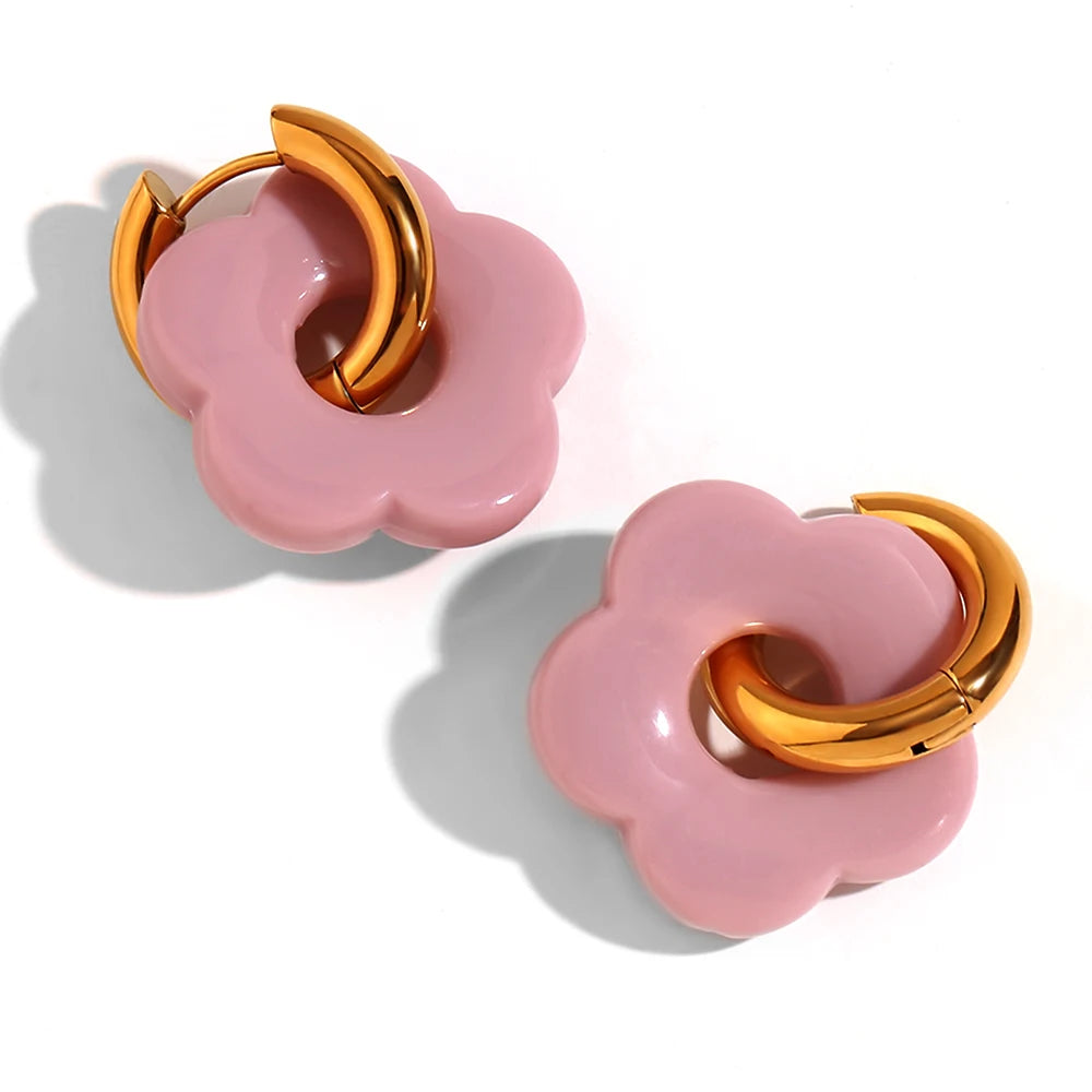 Colorful Resin Flower Hoop Earrings – Waterproof Stainless Steel Women’s Jewelry