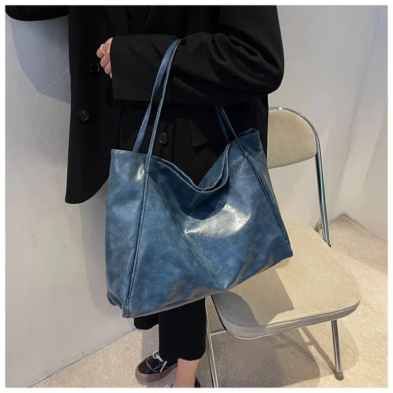 Women’s Retro PU Leather Tote – Large Soft Shoulder/Crossbody Bucket Bag