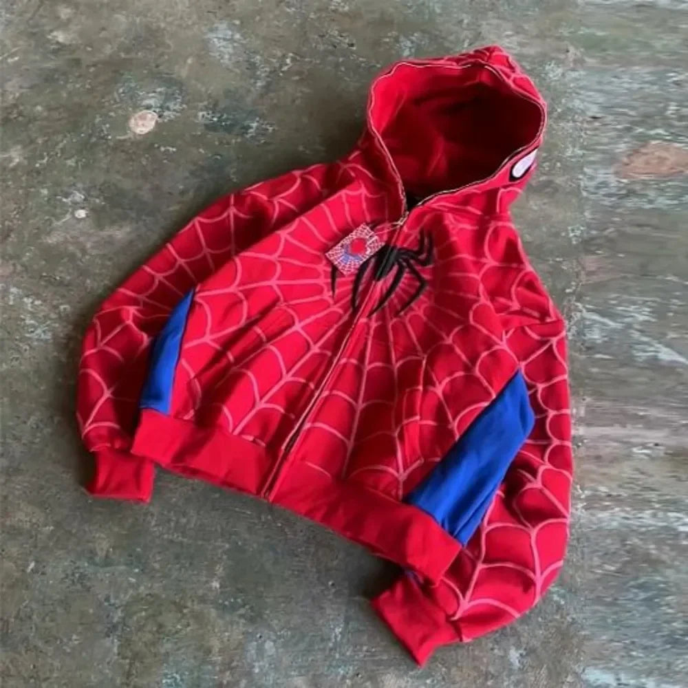 Harajuku Spider Web Embroidered Hoodie – Women’s Y2K Oversized Gothic Zip-Up Sweatshirt.
