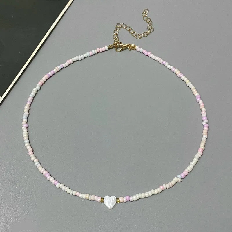 Nature Shell Love Heart Choker Necklace – Colorful Glass Beads Spring Summer Gift for Girls