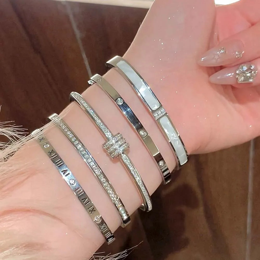Titanium Steel Silver Bracelet with Zircon – Classic Stainless Steel Jewelry for Women