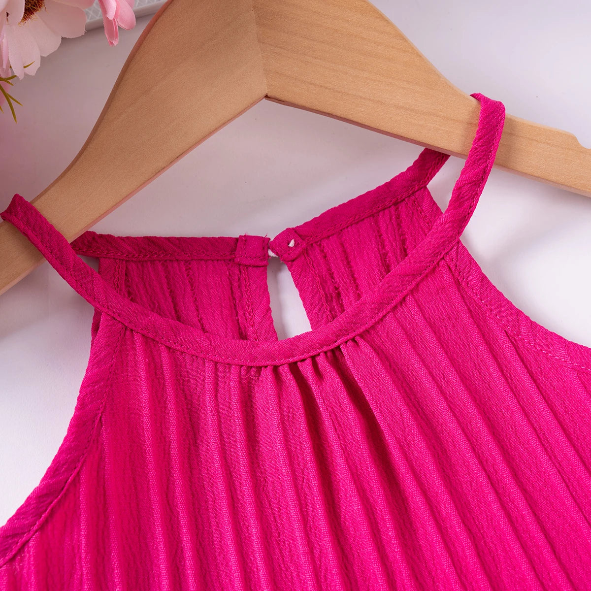 Girls Solid Color Suspenders Dress Set – Ruffles Top & Wide Leg Pants, Elegant Summer Outfit