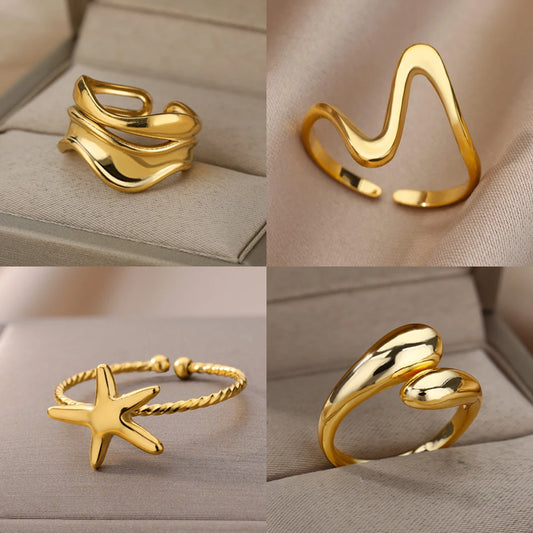 Gold Stainless Steel Open Ring – Waterproof Women’s Wedding Band Jewelry