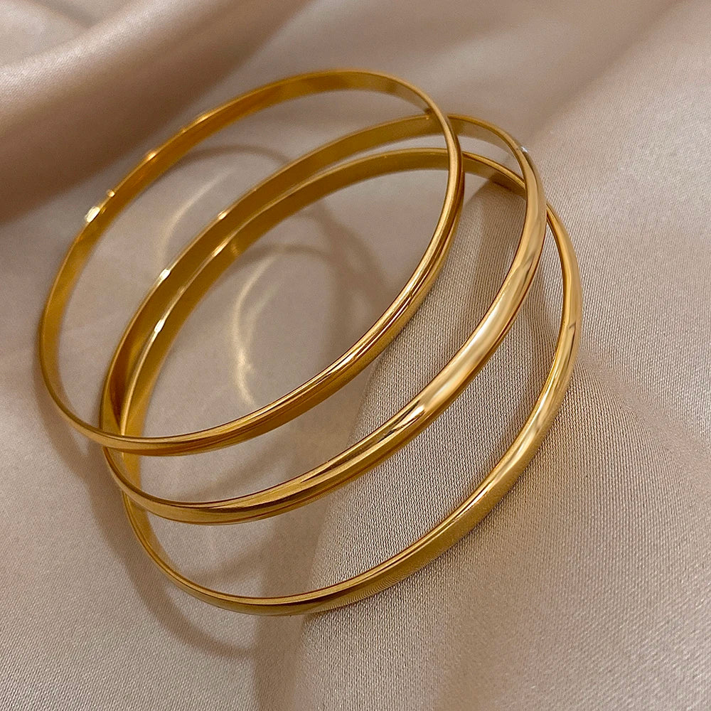 3pcs 18K Gold Plated Stainless Steel Minimalist Bangle Set – Waterproof Jewelry for Women