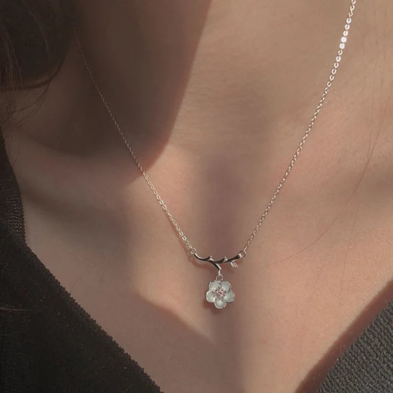 Cherry Blossom Flower Necklace – Crystal Butterfly Pearl Women’s Jewelry