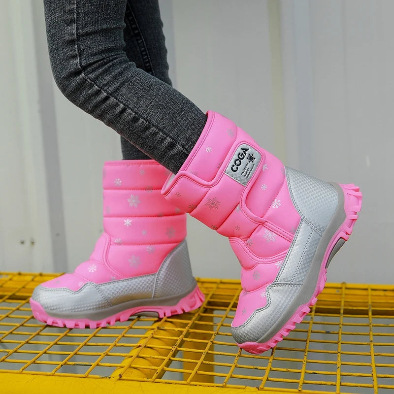 Winter Kids Snow Boots – Warm Plush Pink Ankle Shoes for Girls Boys, Non-Slip Outdoor Footwear