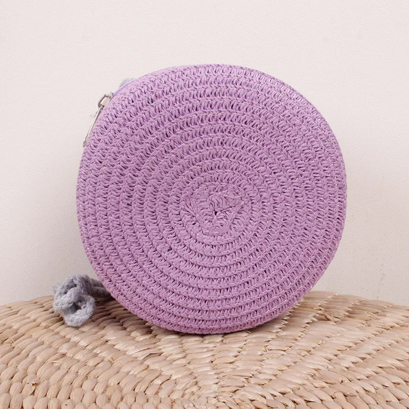 Round Straw Woven Beach Crossbody Bag – Cute Rattan Shoulder Handbag for Women