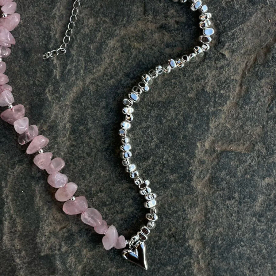 Elegant Irregular CCB & Pink Stone Beads Heart Pendant Necklace – Women’s Choker for Dinner & Valentine’s